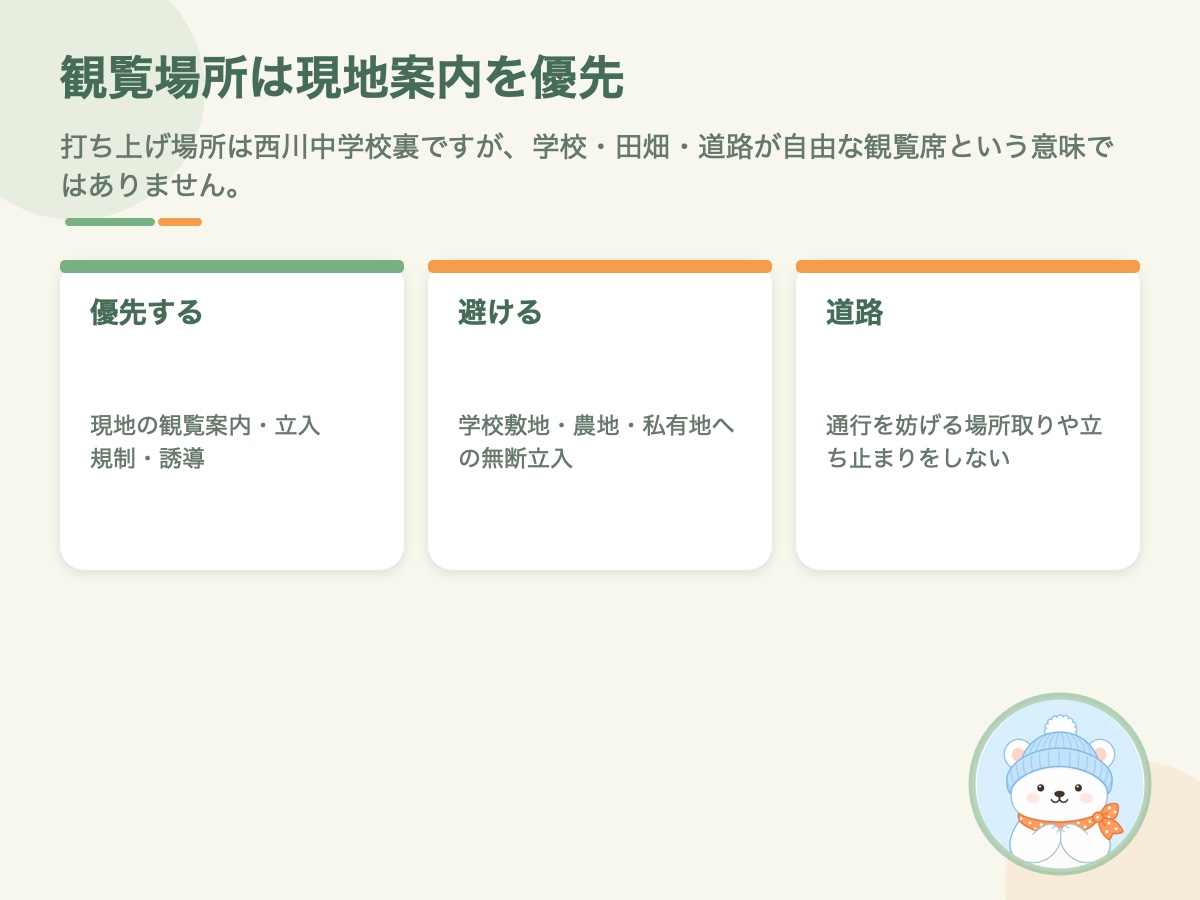 西川まつり大筒花火の観覧場所で現地案内を優先し無断立入を避ける注意点をまとめた資料画像