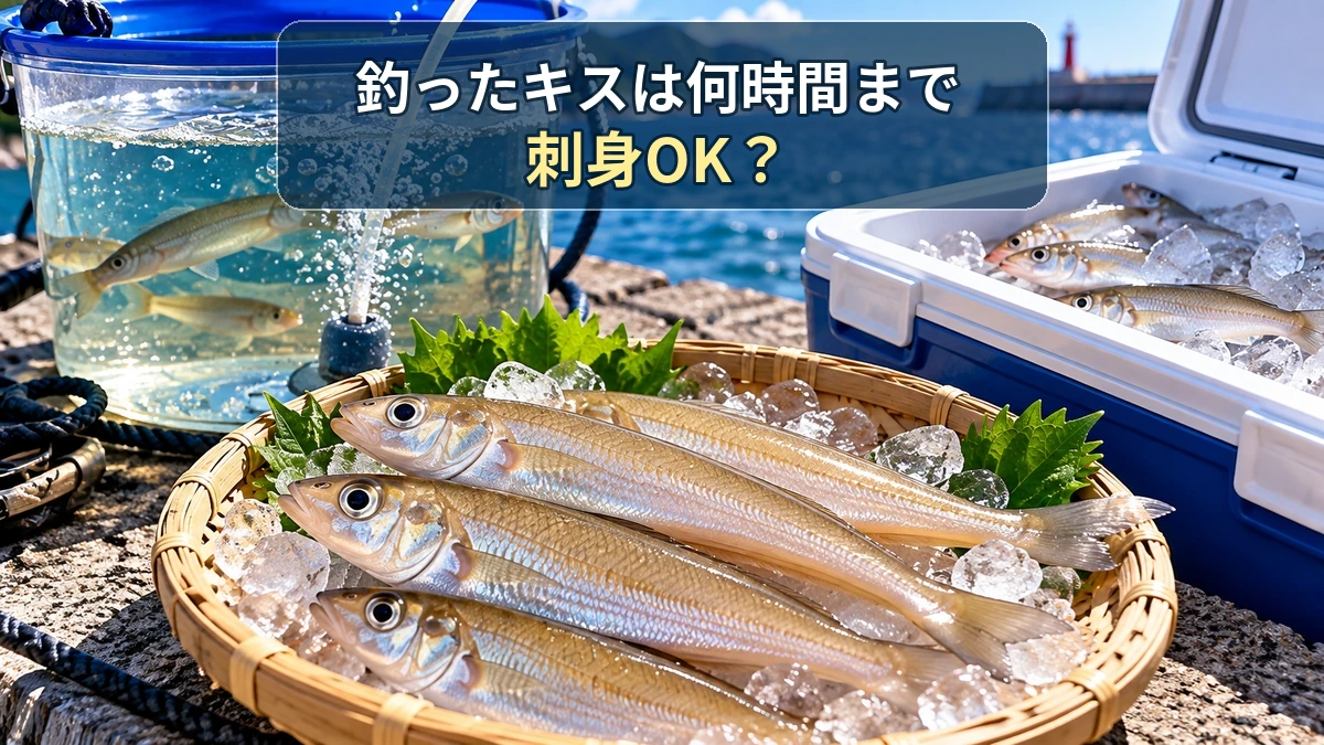 釣ったキスと活かしバケツ、氷入りクーラーボックスのイメージ