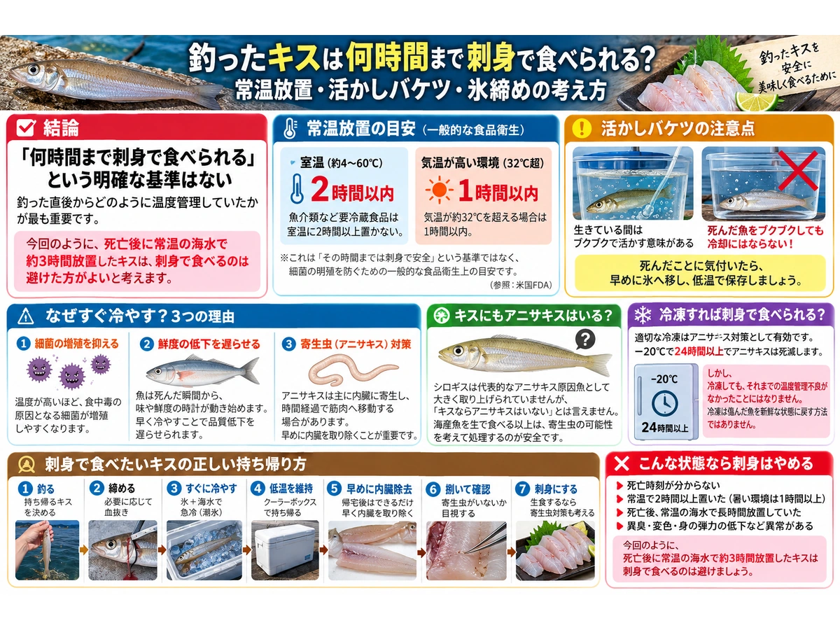 釣ったキスを刺身で食べる際の常温放置・冷却・内臓処理・寄生虫対策をまとめた図