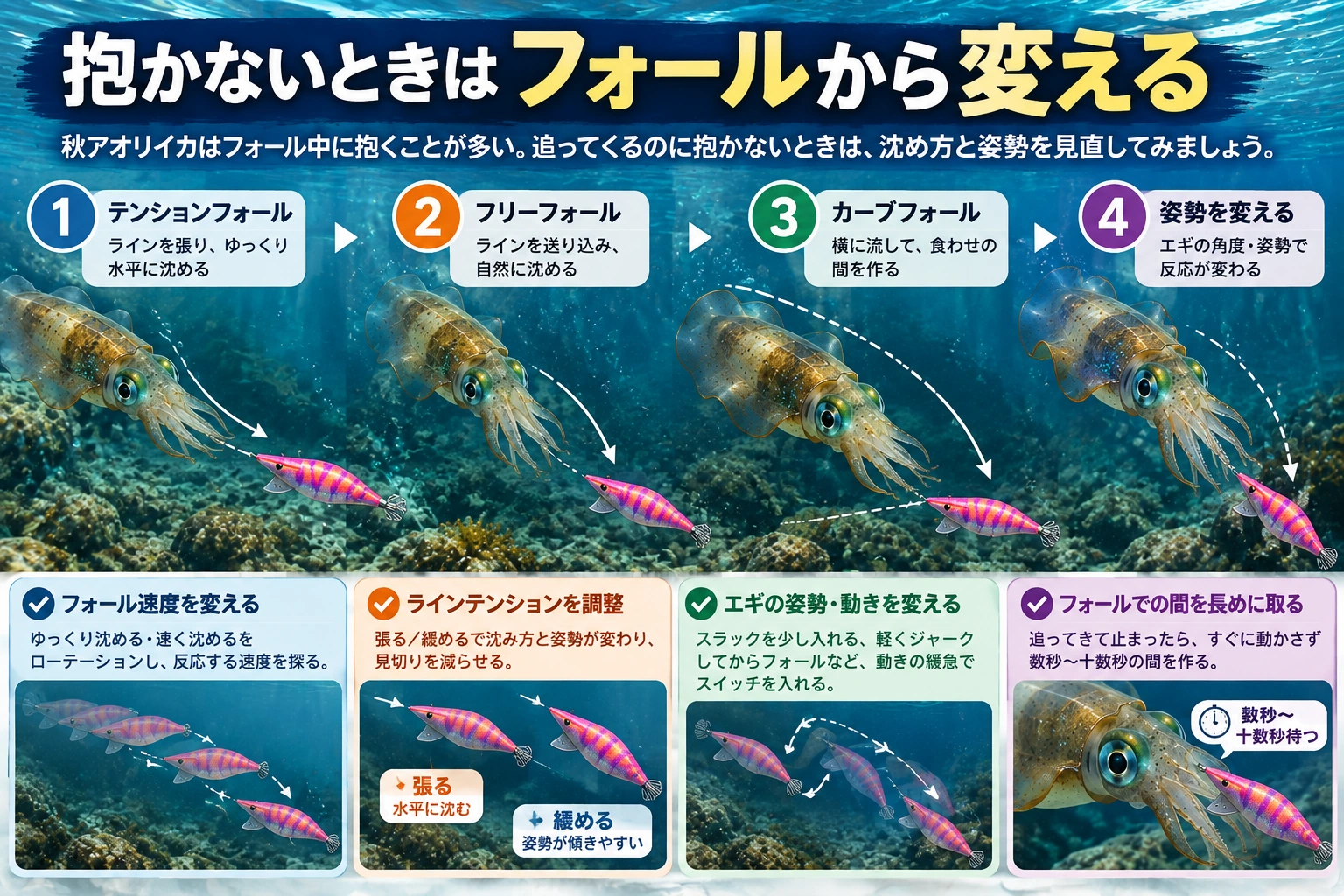 アオリイカがエギを抱かないときにフォールから調整する考え方
