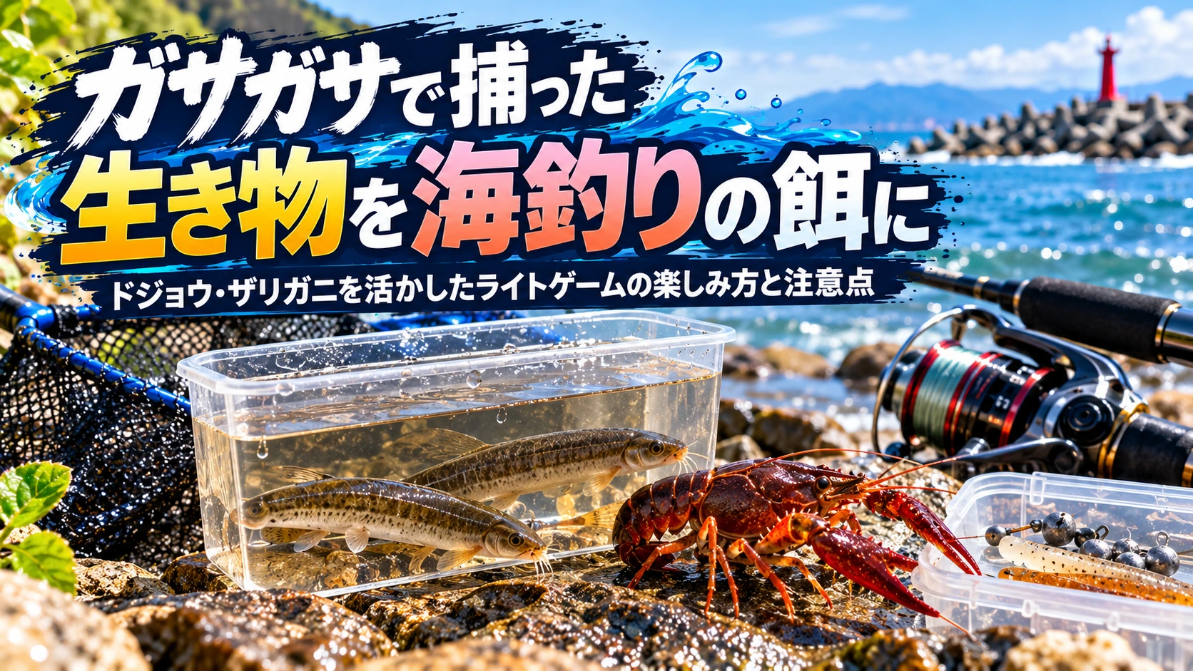 ドジョウとアメリカザリガニを海釣りの餌として試すイメージ