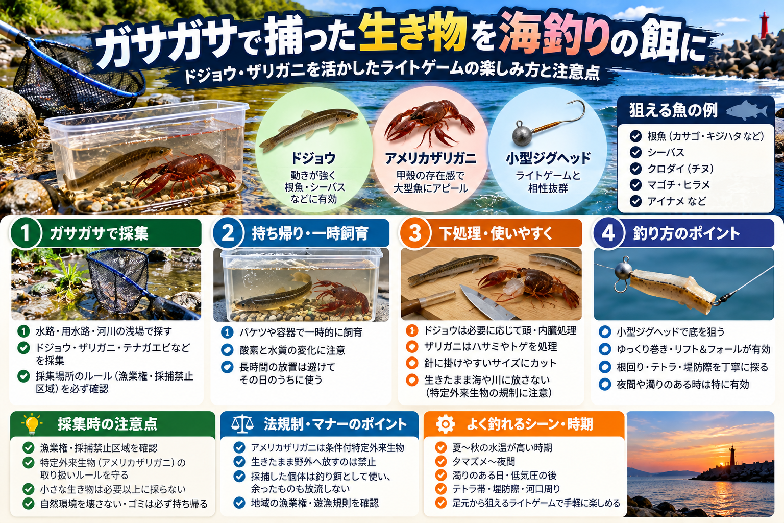 ドジョウやザリガニを釣り餌に使うときのルールと手順をまとめた図