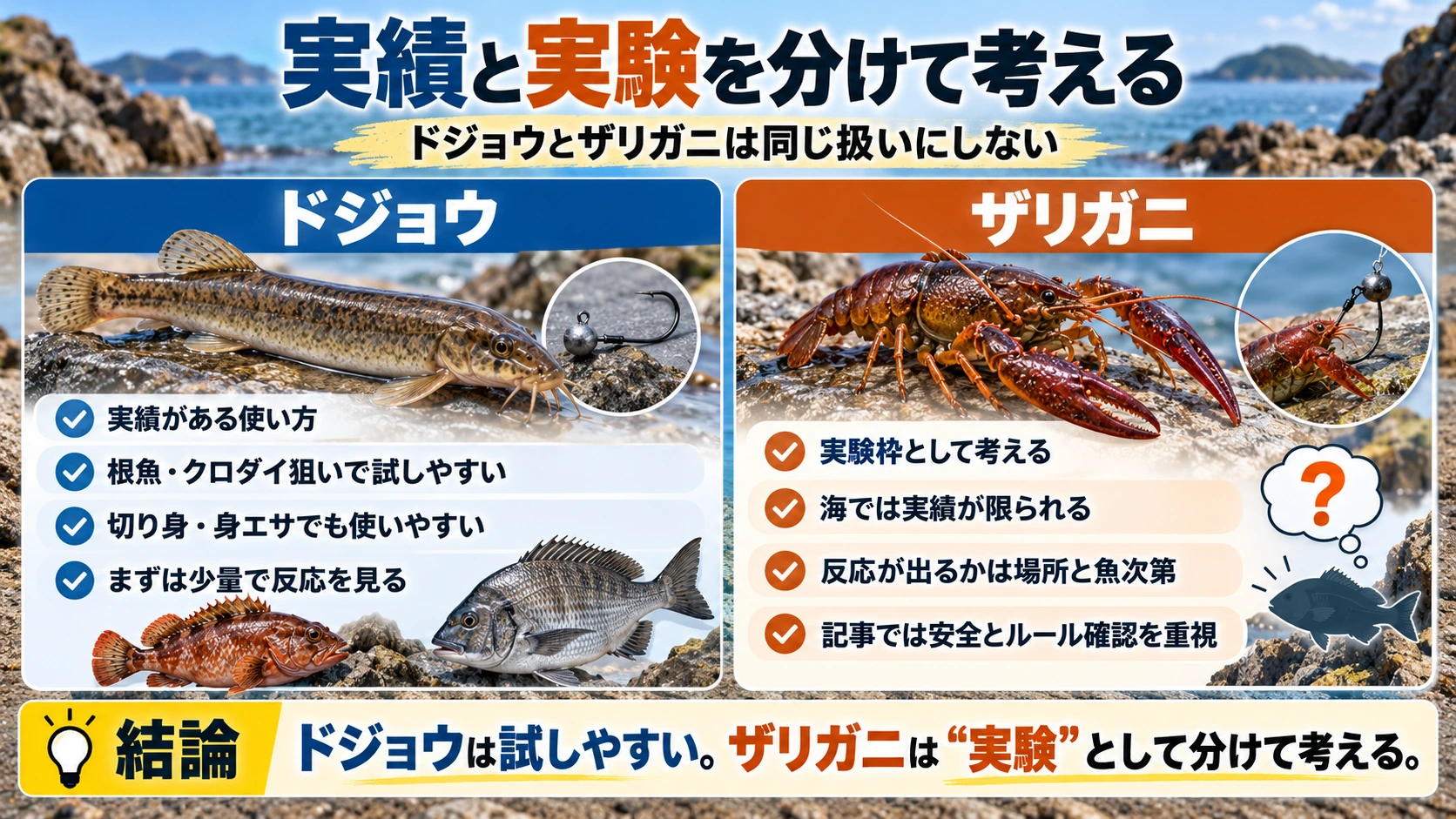 ドジョウとザリガニの海釣り餌としての位置づけを比較した図