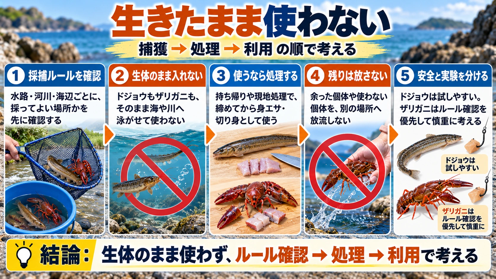 アメリカザリガニを釣り餌に利用する際の処理手順を示す図