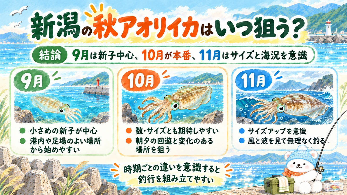 新潟の秋アオリイカシーズンを9月・10月・終盤で考える図
