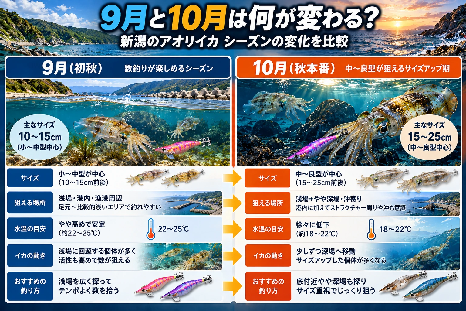 新潟の9月と10月のアオリイカの狙い方の違い