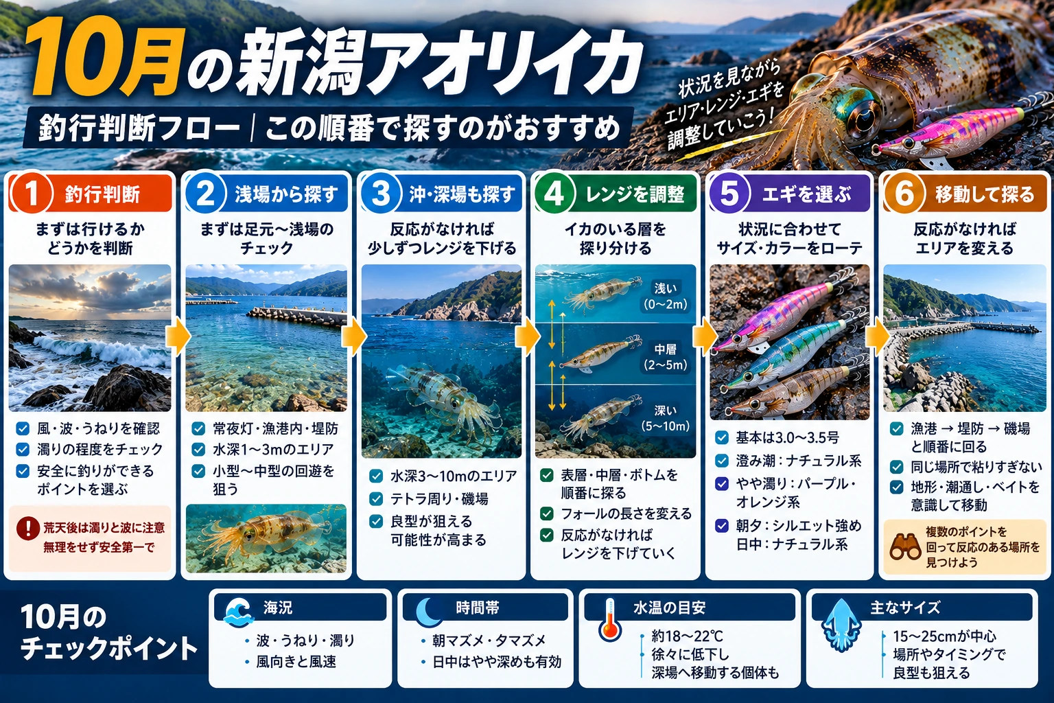 10月の新潟アオリイカを浅場から沖・深場へ探す判断フロー