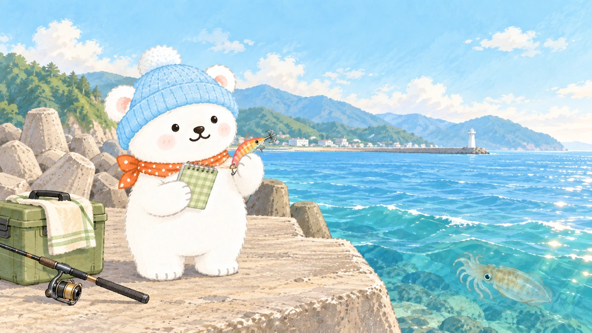 岩や海藻のある浅場を泳ぐ9月のアオリイカのイメージ