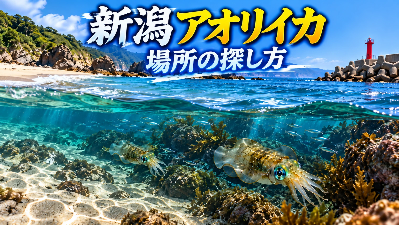 新潟のサーフ・岩礁・港周辺でアオリイカがいる地形変化を探すイメージ