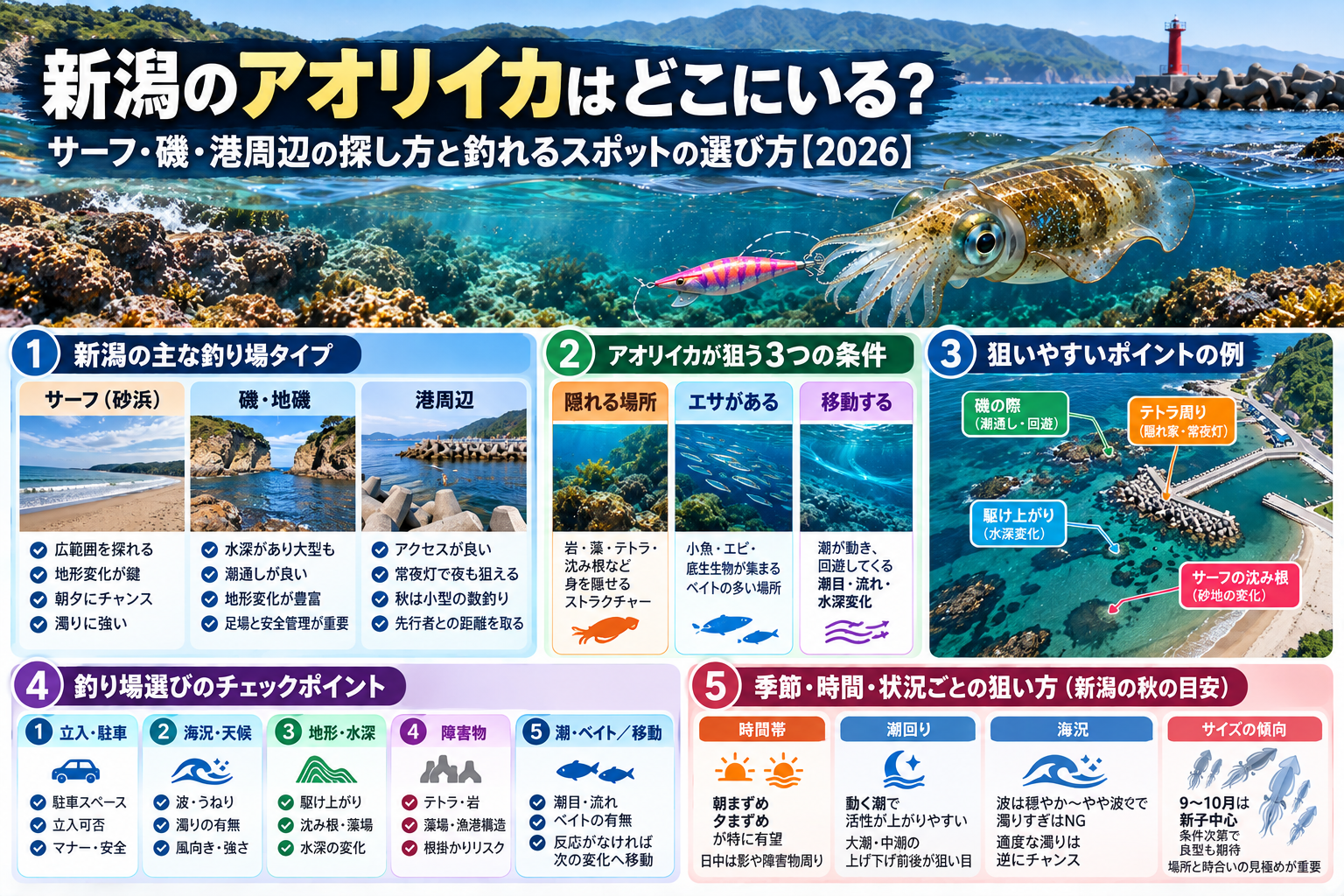 新潟のアオリイカ釣りでサーフ・磯・港周辺の場所選びと地形変化の見方をまとめた図