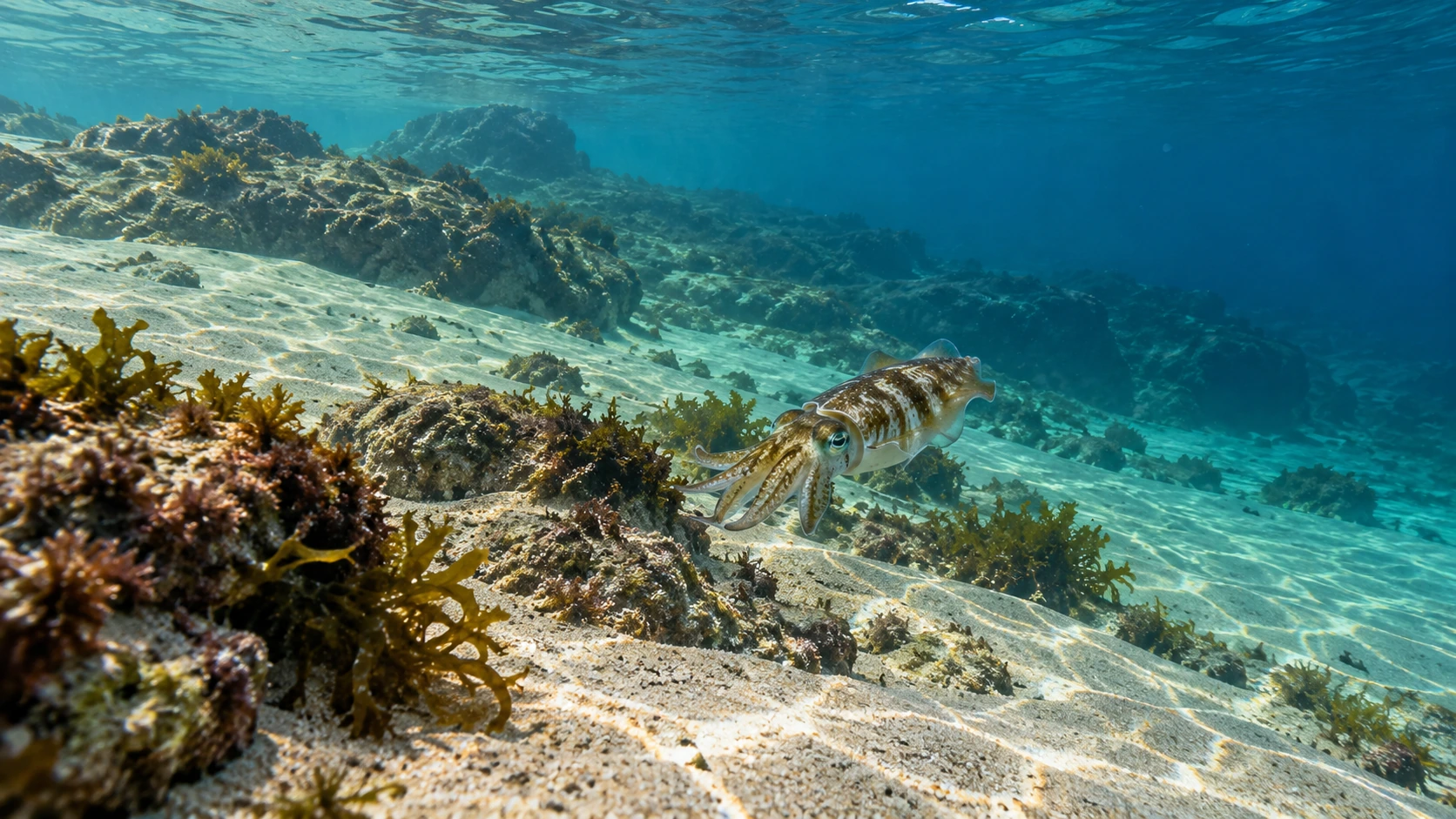 砂浜の海中に点在する沈み根や岩の近くを泳ぐアオリイカのイメージ