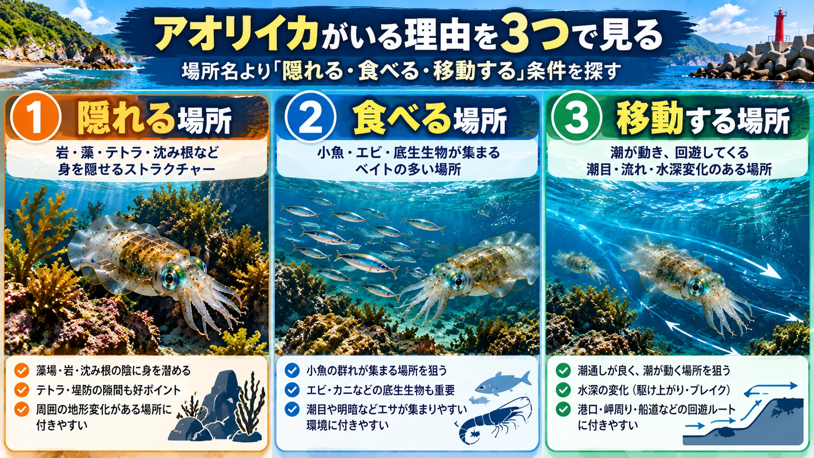 アオリイカがいる場所を隠れる・食べる・移動するの3条件で考える図