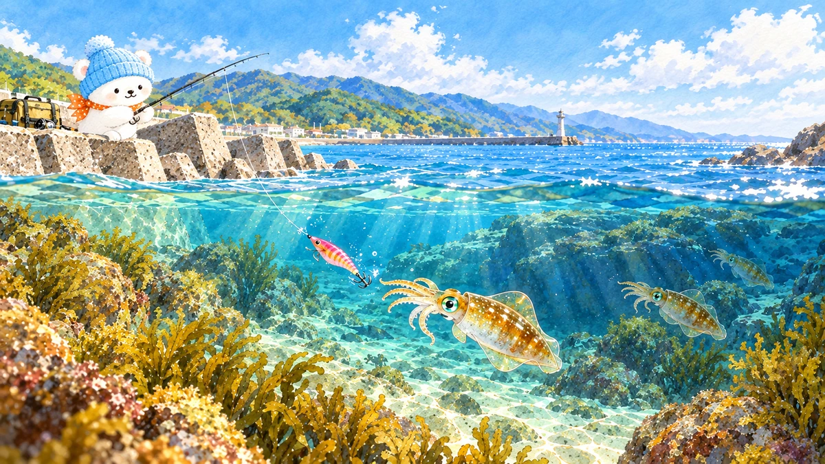 日中の海で地形とエギを追うアオリイカを観察するイメージ