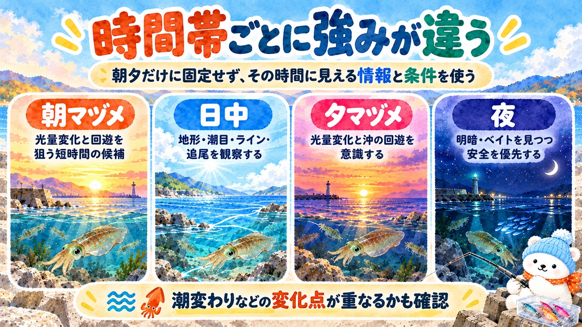 朝・昼・夕方・夜のアオリイカ釣りの時間帯ごとの特徴