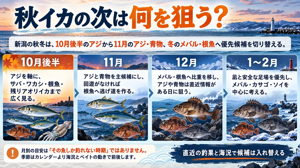 新潟の10月後半から2月までの狙い魚の移行を4段階で示した資料画像