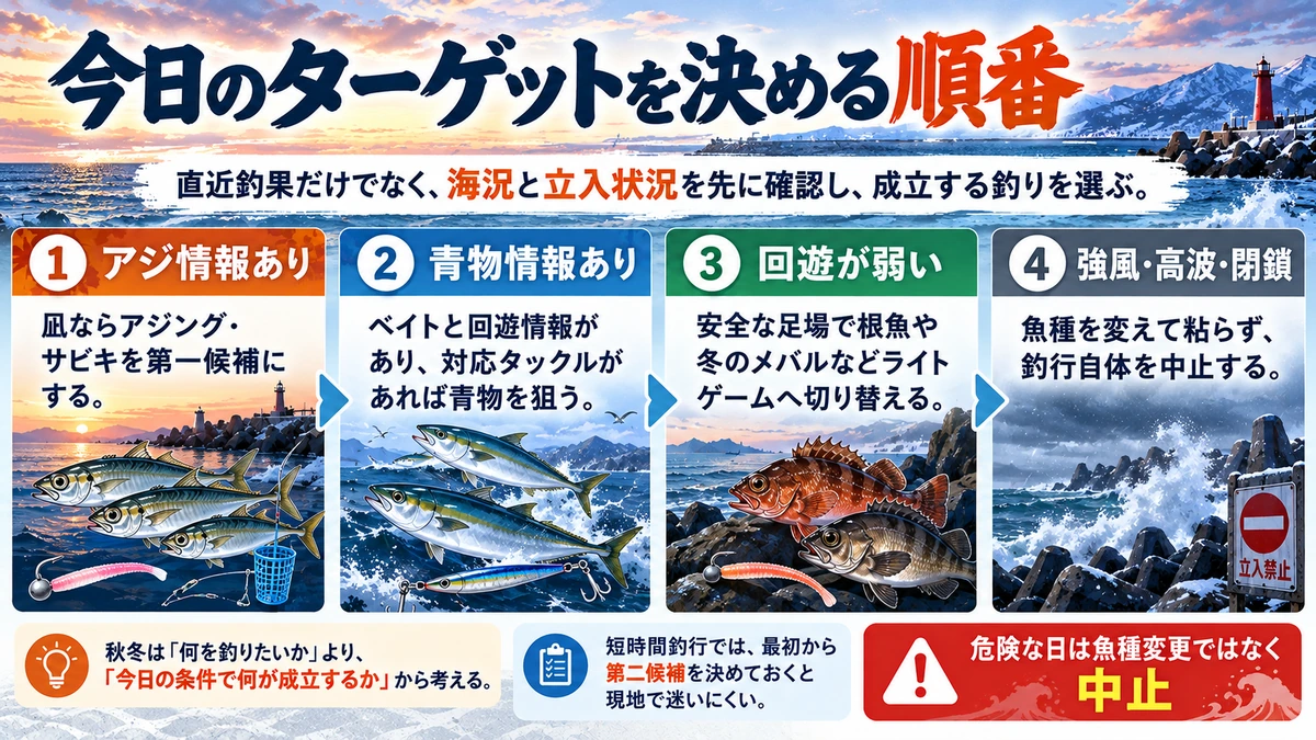 新潟の秋冬釣行でアジ・青物・ライトゲーム・中止を選ぶ判断フロー