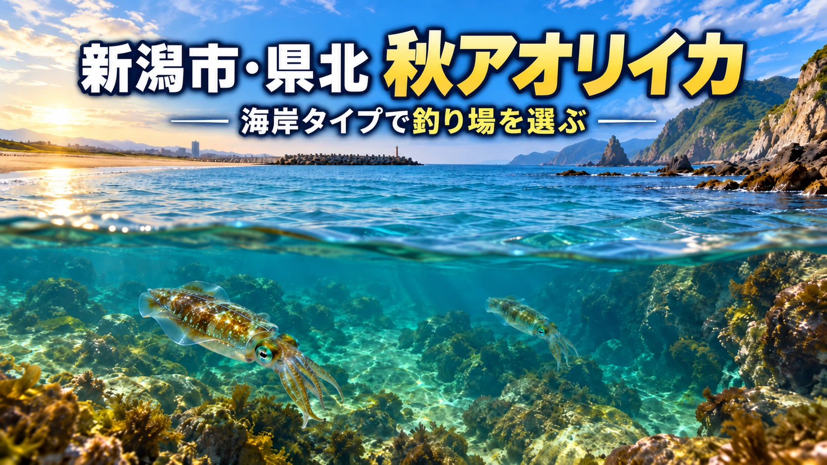 新潟市の砂浜と県北の岩礁海岸を対比した秋アオリイカの場所選びイメージ
