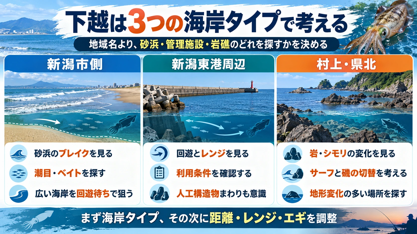 新潟市・新潟東港・村上県北の海岸タイプを3つに分けた場所選びの図