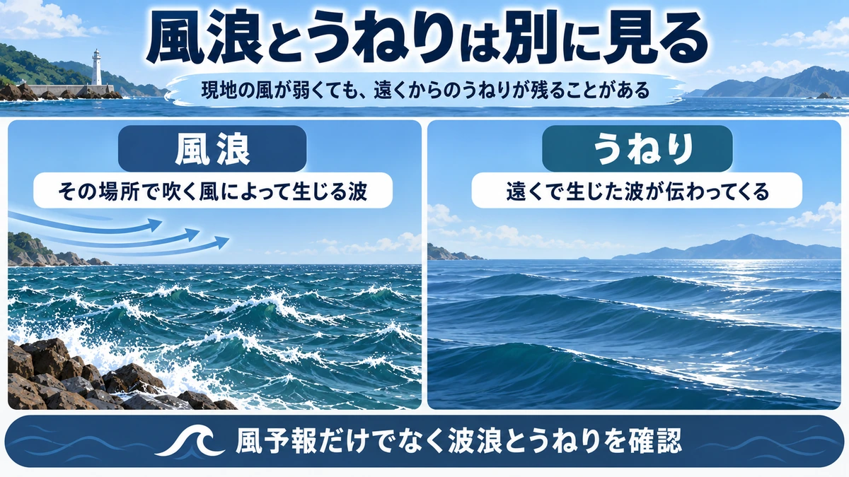 風浪とうねりの違いと、風が弱くてもうねりが残ることを示す図