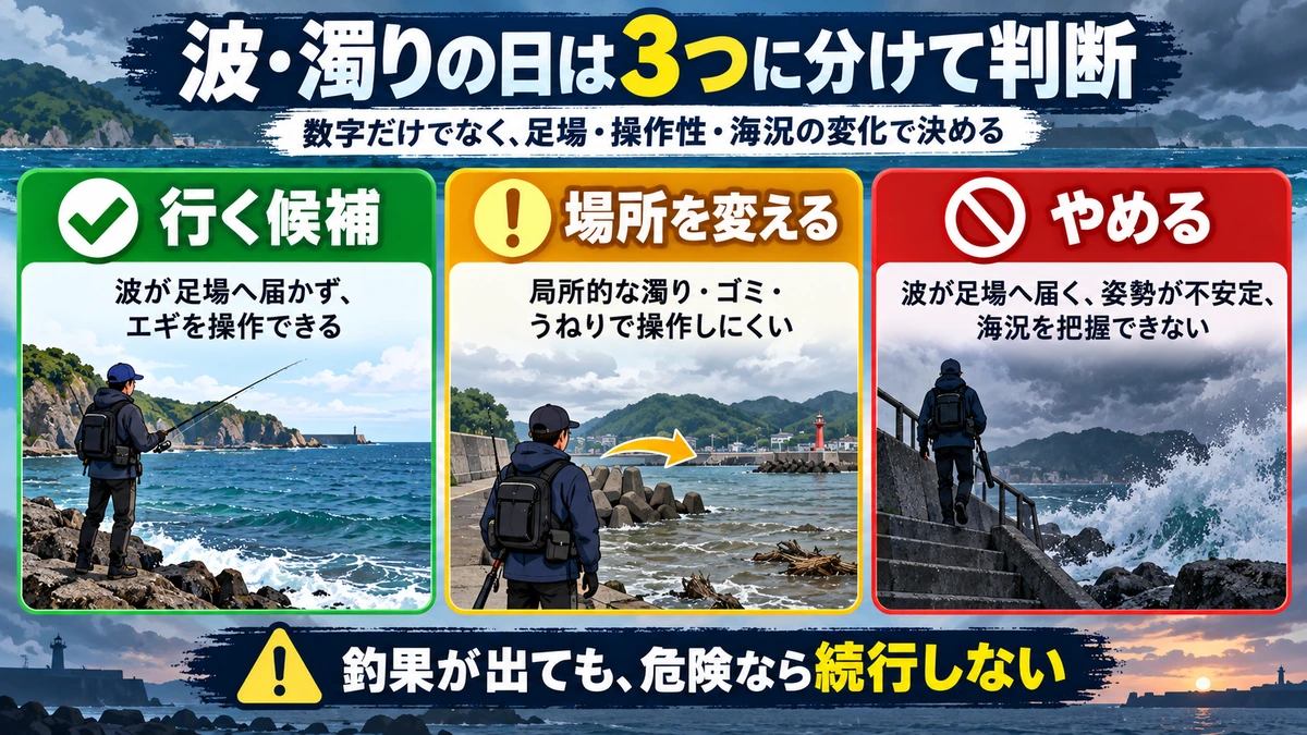 波・濁りがある日に行く・場所を変える・やめるを判断する図