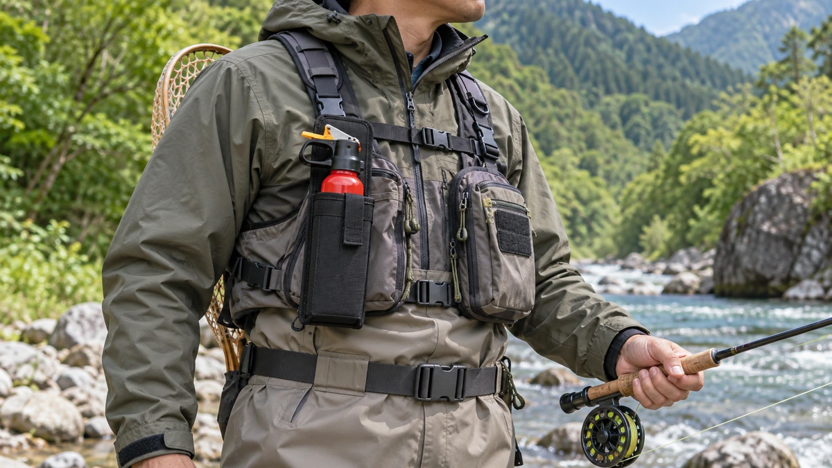 釣り人が胸の取り出しやすい位置に熊撃退スプレーを携行するイメージ