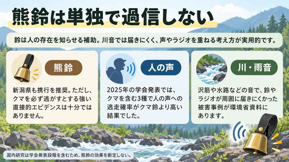 熊鈴・人の声・川や雨音の関係を整理した熊との遭遇回避の資料画像
