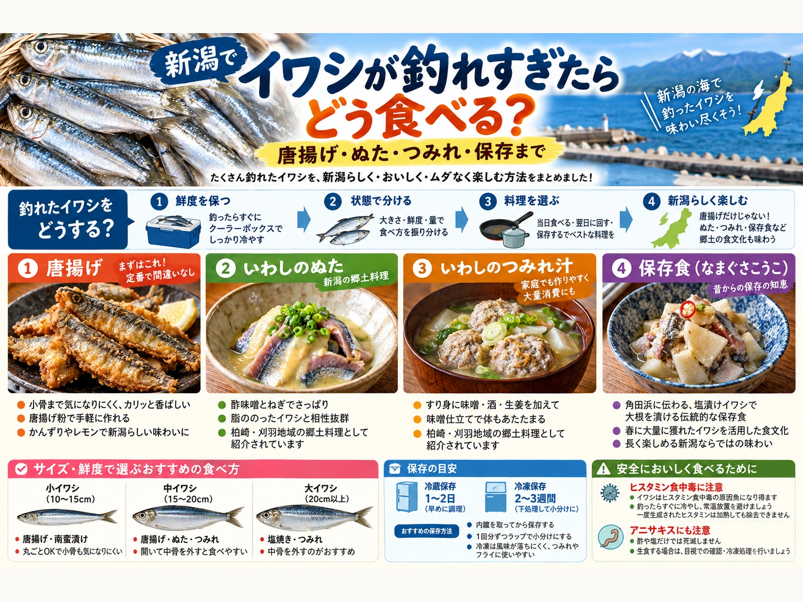 新潟で釣れたイワシを唐揚げ・ぬた・つみれ・保存へ振り分ける記事要約インフォグラフィック