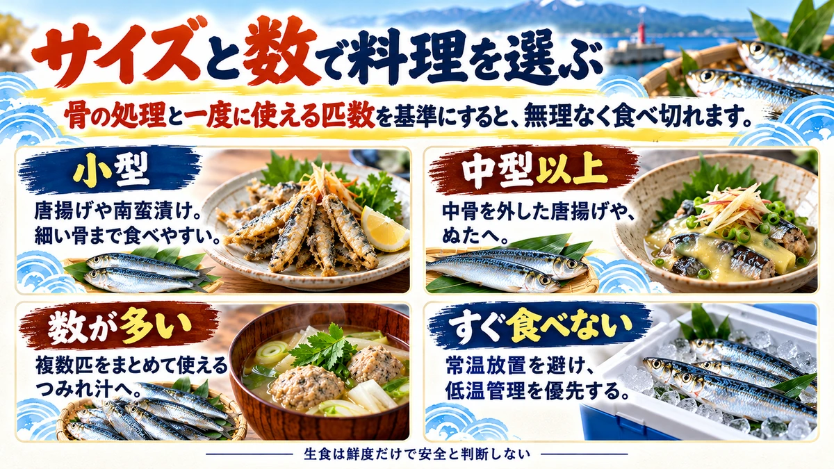 イワシのサイズと数から唐揚げ・ぬた・つみれ・保存を選ぶ早見図