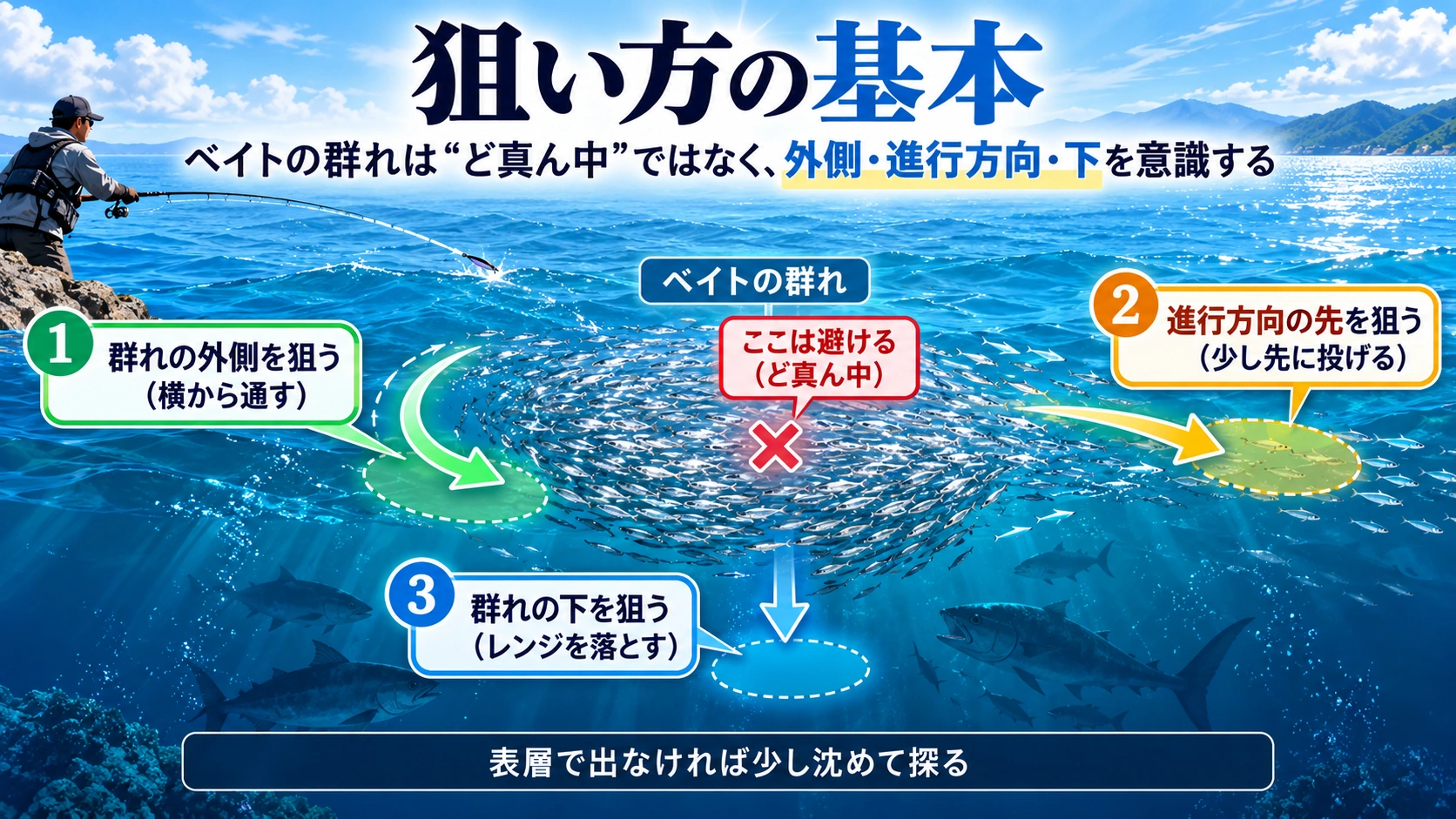 ベイト群の進行方向と外側、下層を狙うキャスト位置の模式図